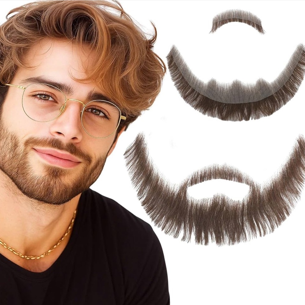 NEW! Premium Beard & Mustache 100% Human Hair Hand-Tied on Invisible Lace Brown